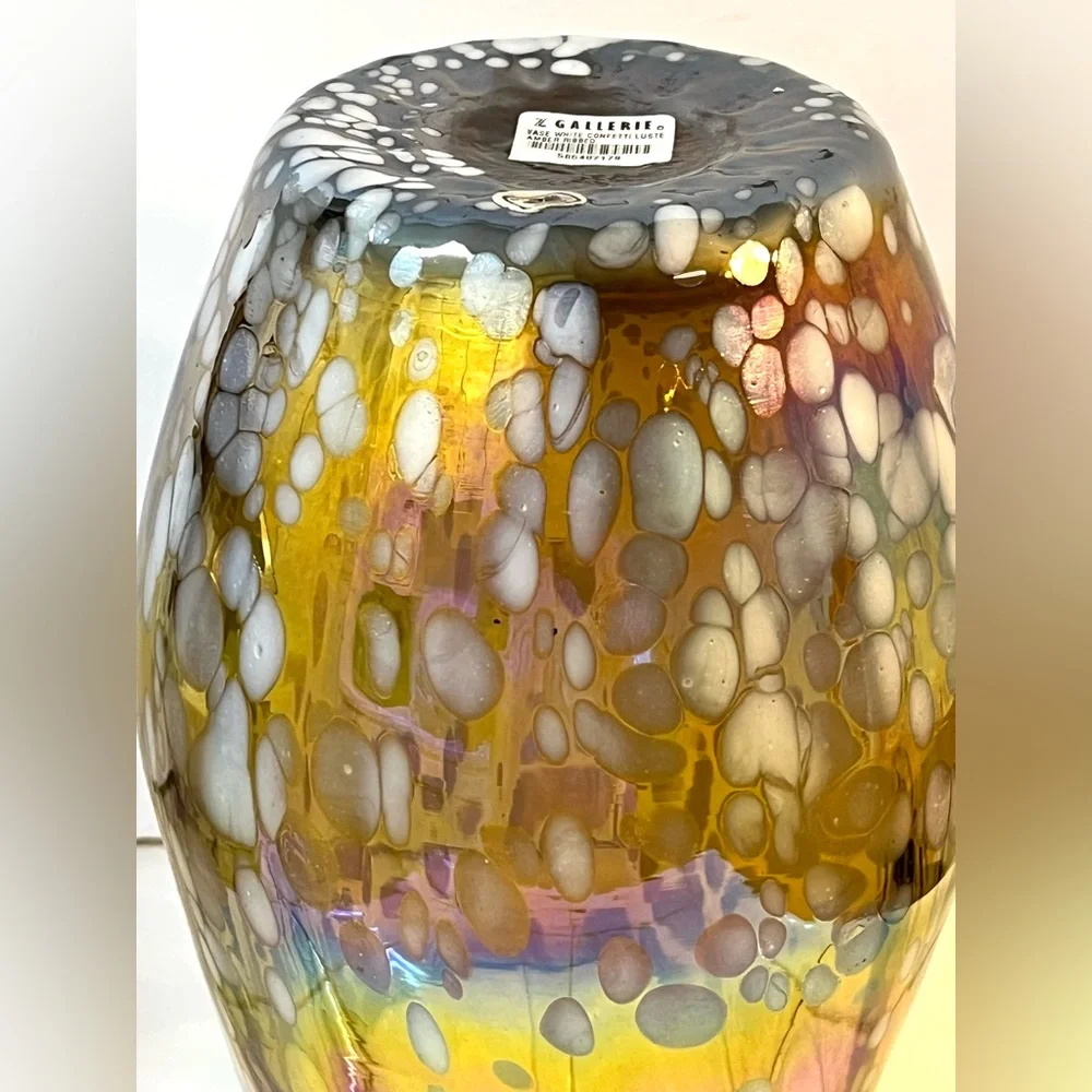 Z Gallerie White Confetti Luste Amber Ribbed Gold Iridescent Hand Blown Vase 9.5